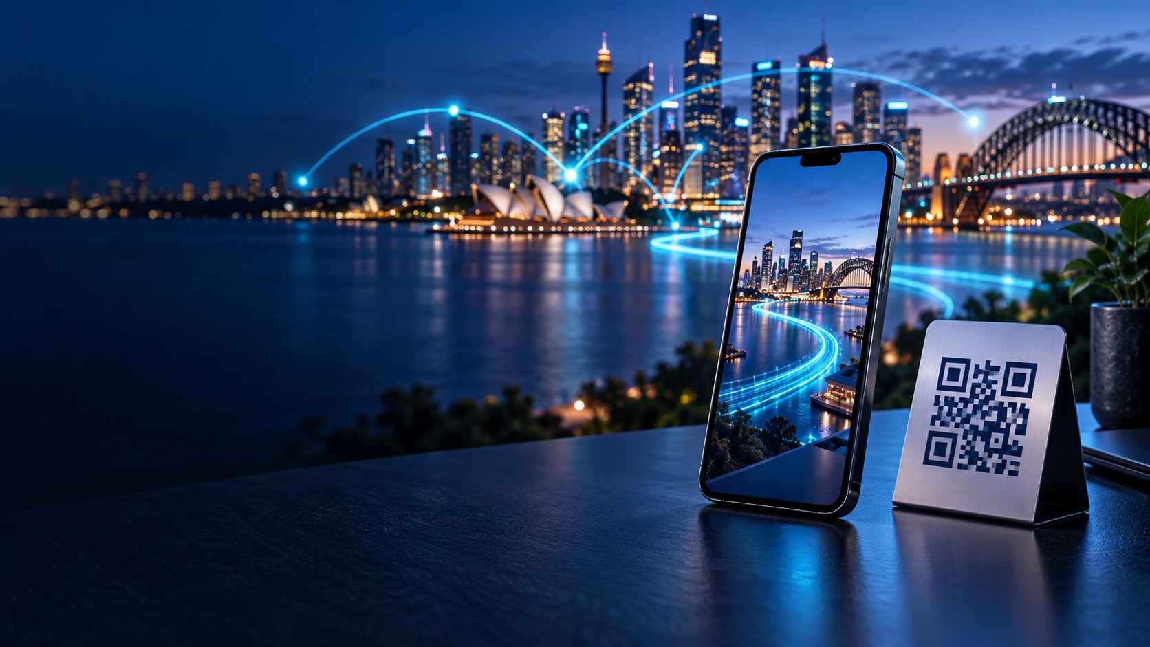 Smartphone and QR display illuminated by blue light trails against a business skyline